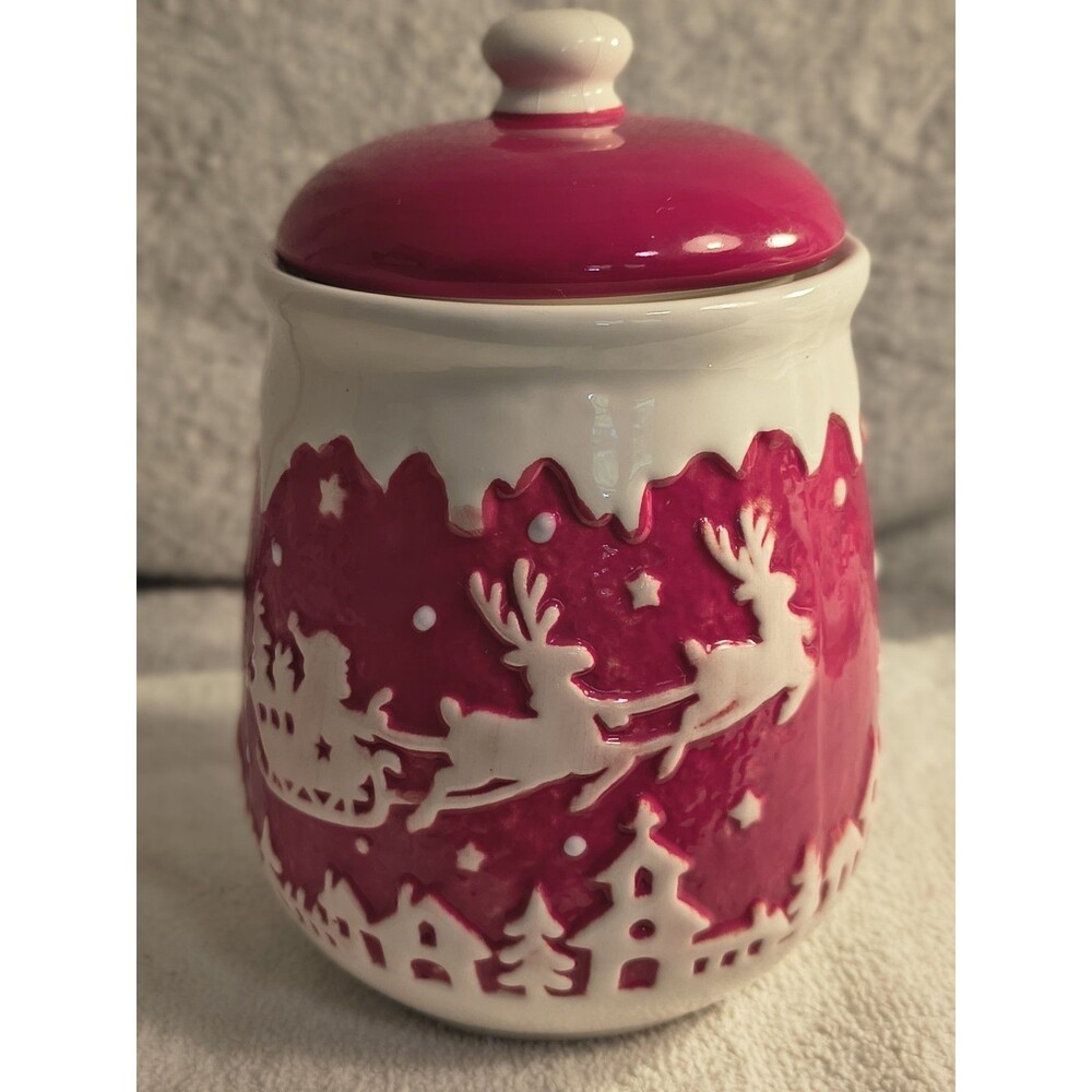 The Bake Shop Masterclass Christmas Canister Magenta Pink Sleigh Reindeer Jar